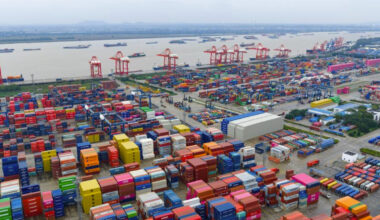 An aerial drone photo shows the view of a container terminal of Nanjing Port in east China