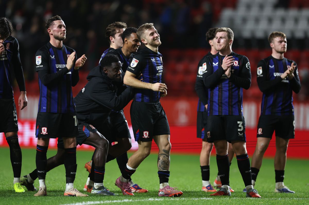 Middlesbrough's players (centre) celebrate at Charlton