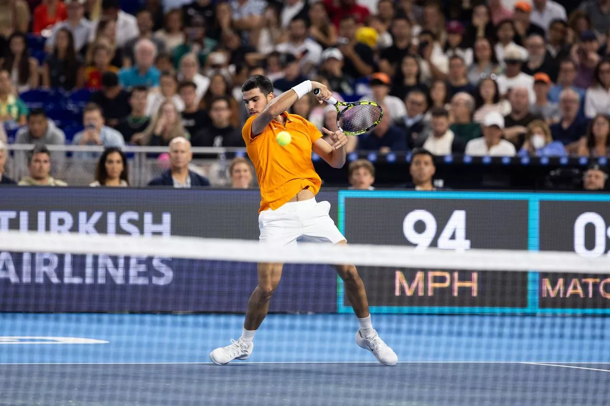 Carlos Alcaraz during his singles match at the Miami Invitational. 