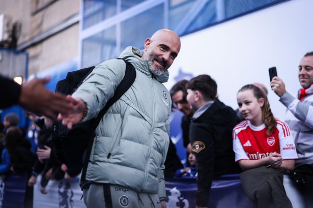 Enzo Maresca, Head Coach of Chelsea, arrives off the team bus ahead of during the Premier League match between Chelsea and Arsenal at Stamford Bridge on November 30, 2025 in London, England