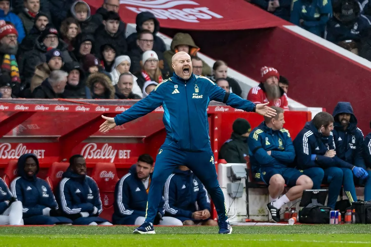 Nottingham Forest head coach Sean Dyche reacts on the touchline during defeat to Manchester City