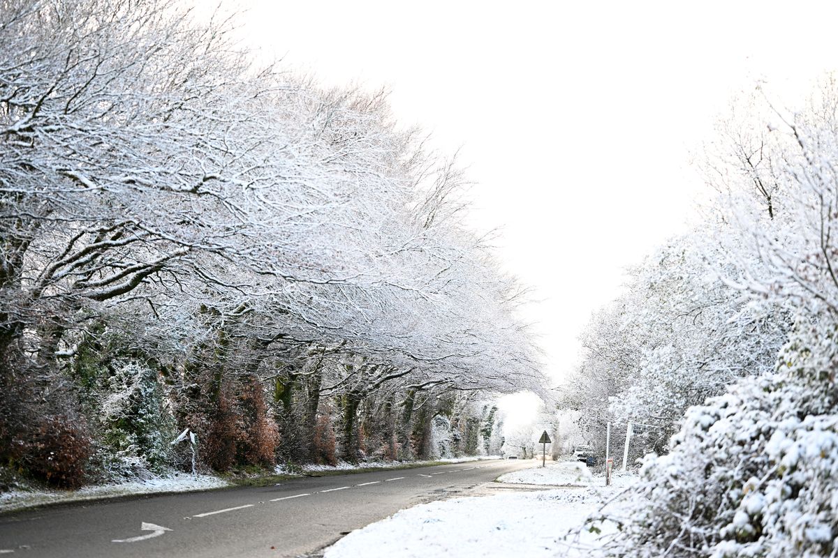 General view as snow is seen on the roads on November 20, 2025 in Sourton, United Kingdom