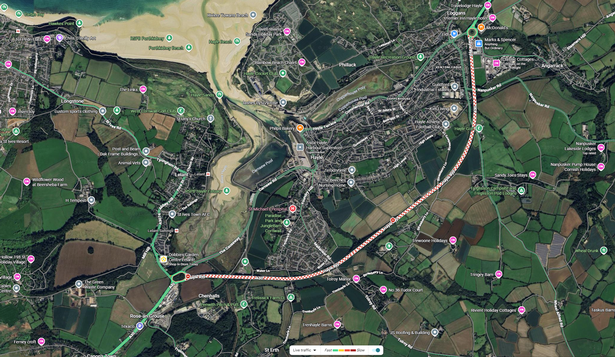 The map showing the road closure following the crash this evening 