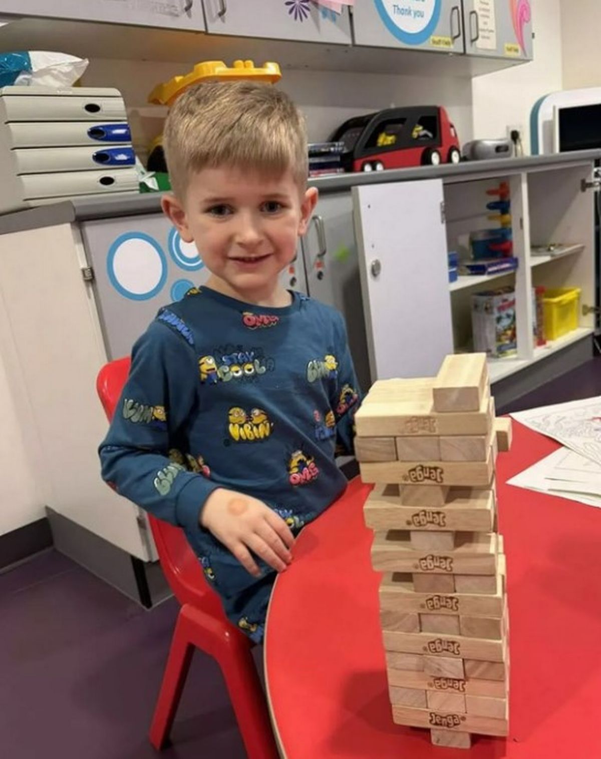 Rory playing blocks in hospital