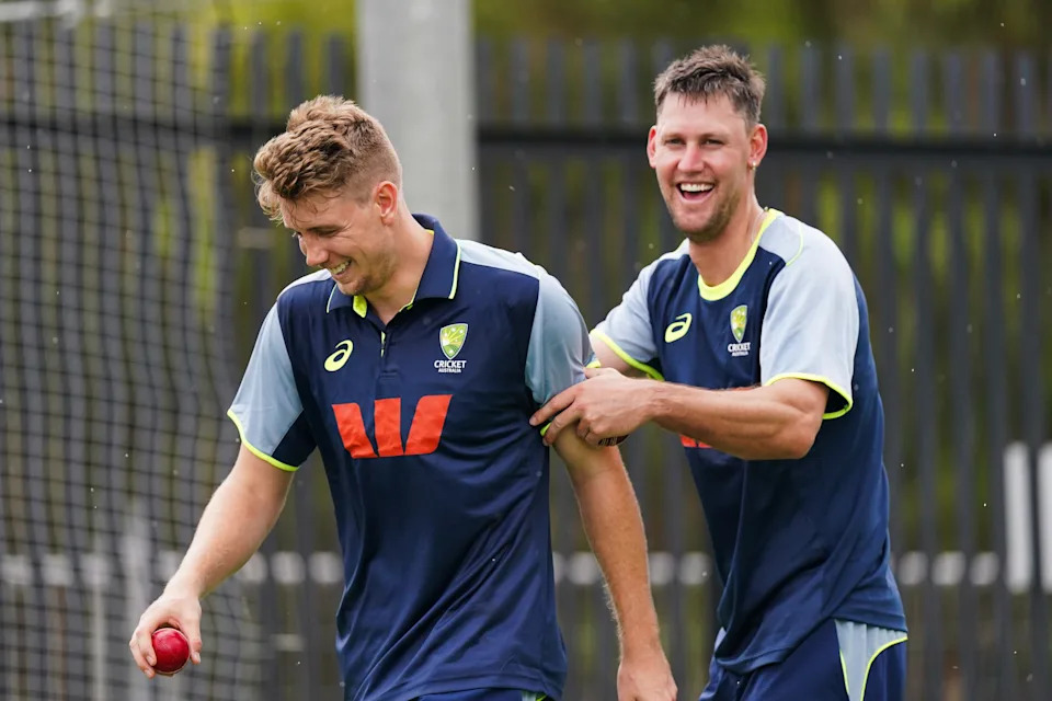 Cameron Green and Beau Webster share a joke during a nets session.