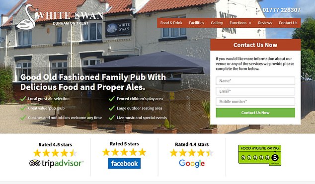 The White Swan in Nottinghamshire, seemingly tries to pull the wool over their customer's eyes by boasting on its website of five star rating (bottom right of picture), when in actuality, the venue was branded a zero at its latest inspection in August