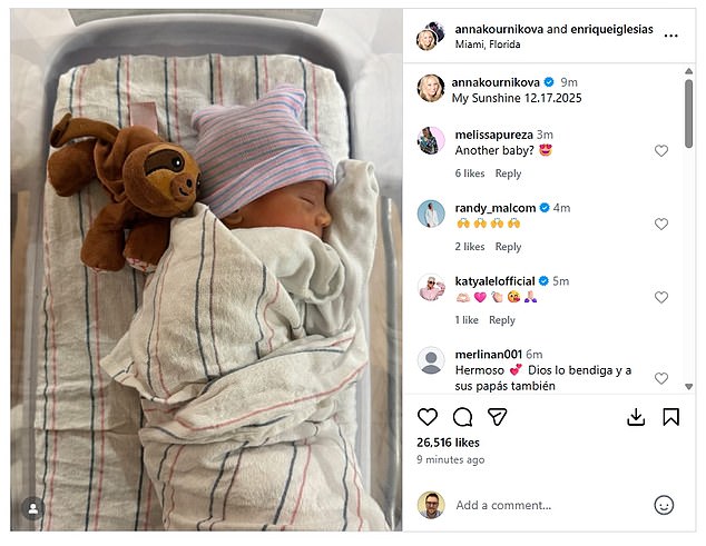 Former tennis sensation Kournikova, 44, took to Instagram on Monday to share the news with her fans in a rare social media update