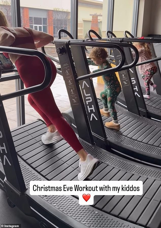 Brittany, 30, posted to Instagram yesterday to share clips of her intense workout routine, while her daughter Sterling, four, and son Bronze, three, tagged along