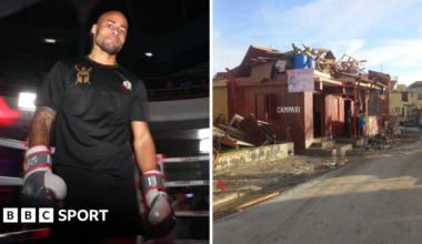 A side-by-side showing the before and after of the G's Cool Spot bar in Jamaica after Hurricane Melissa. The second picture the building is in ruin and roof caved in.