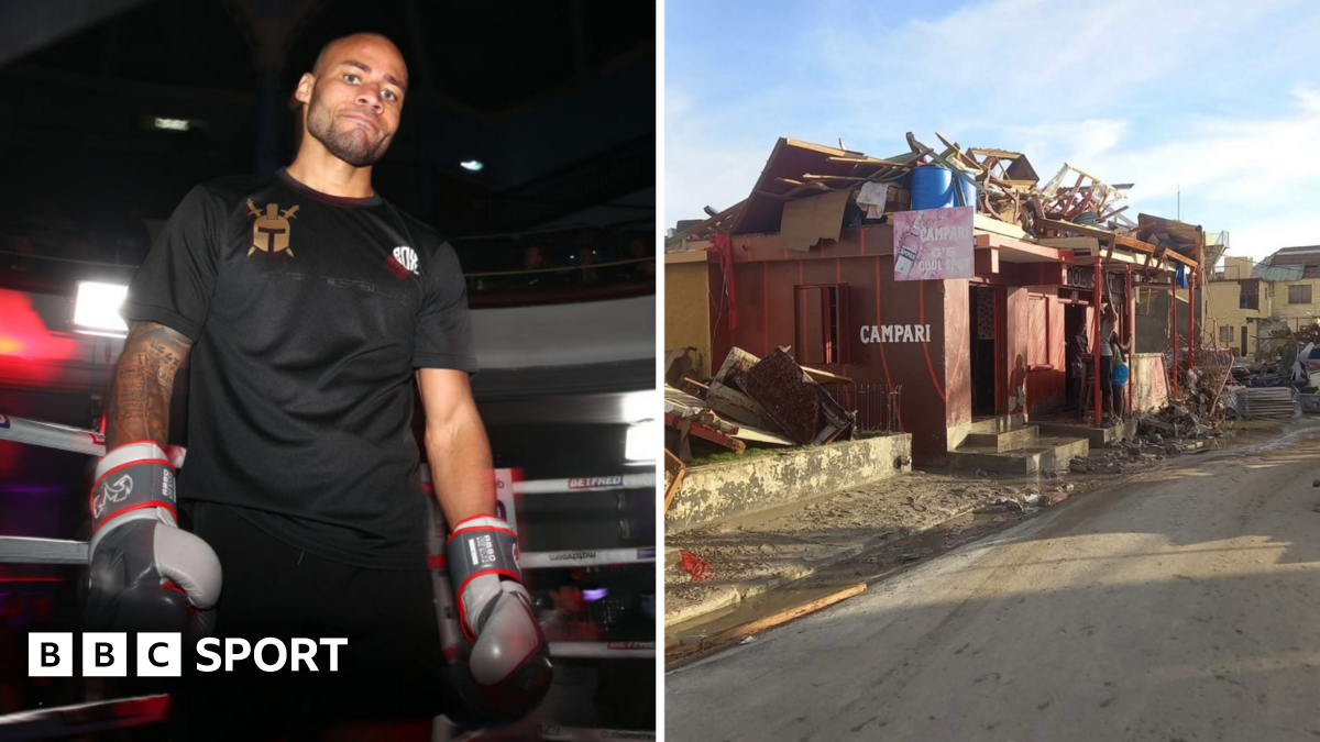 A side-by-side showing the before and after of the G's Cool Spot bar in Jamaica after Hurricane Melissa. The second picture the building is in ruin and roof caved in.
