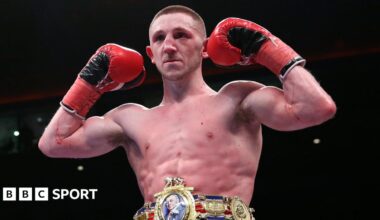 Jazza Dickens celebrates his win over Josh Wale to claim the Vacant British Super-Bantamweight Championship