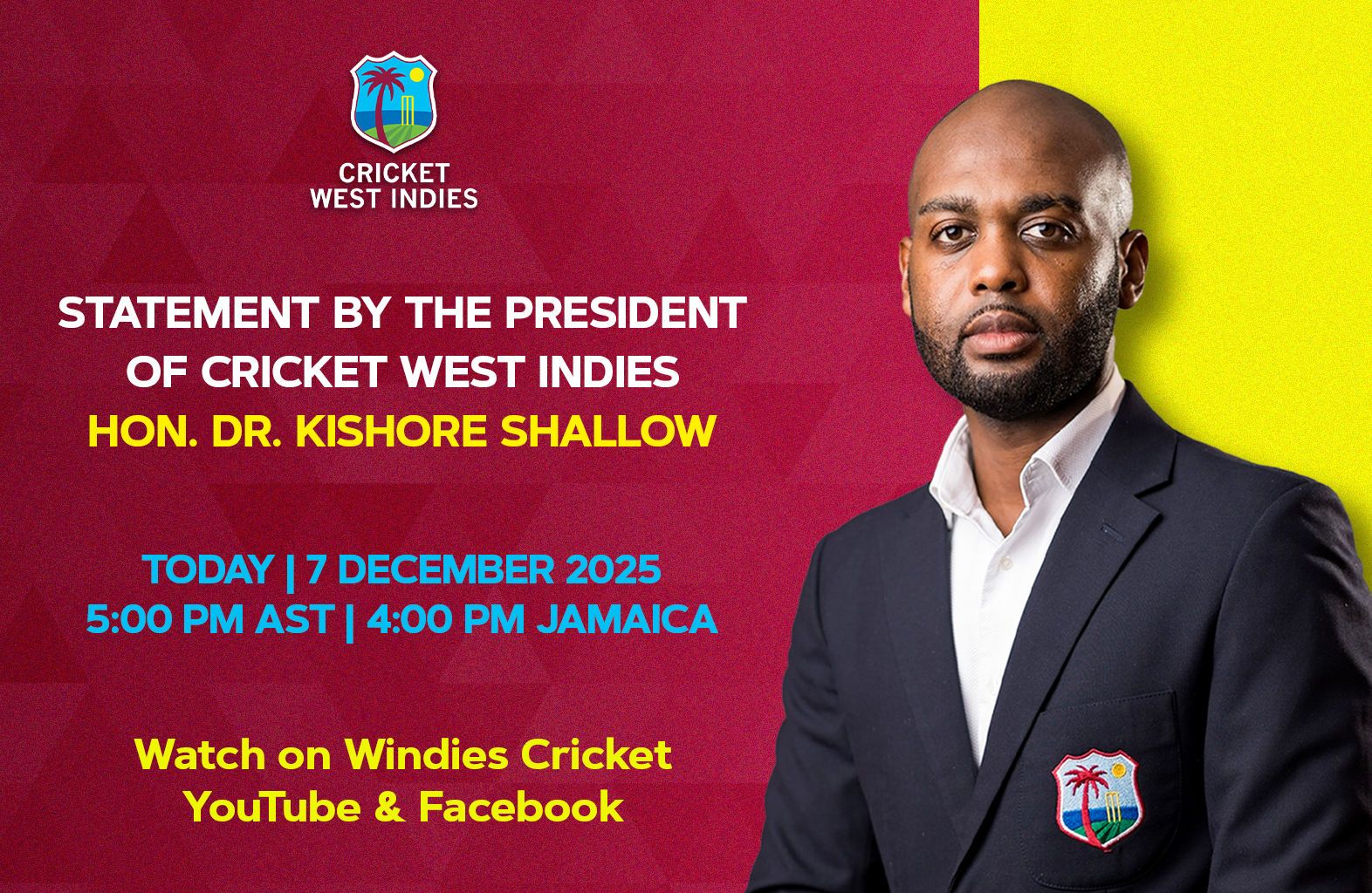 WATCH NOW! Statement by the President of Cricket West Indies, Hon. Dr. Kishore Shallow. - Windies