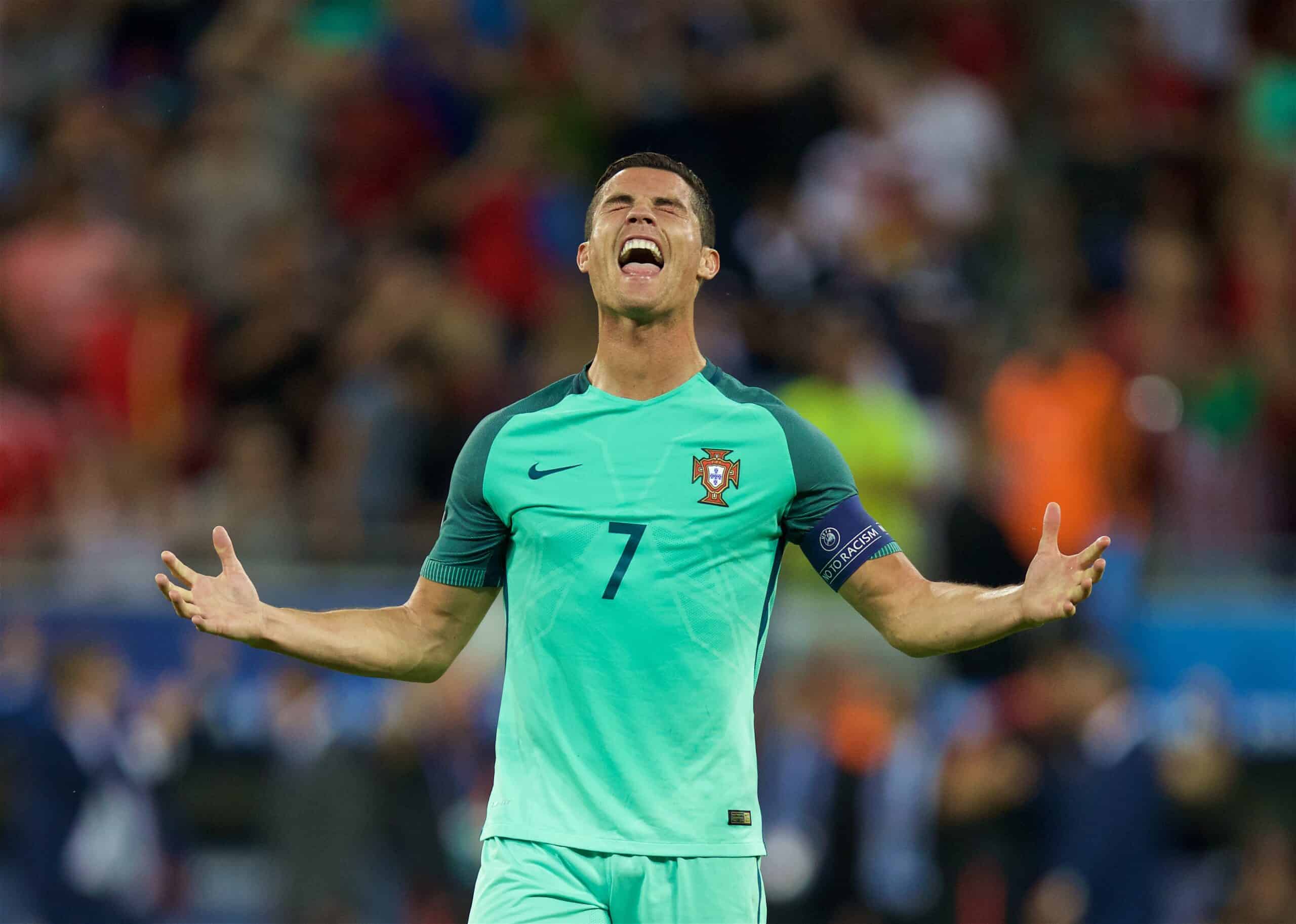 LYON, FRANCE - Wednesday, July 6, 2016: Portugal's captain Cristiano Ronaldo celebrates the 2-0 victory over Wales during the UEFA Euro 2016 Championship Semi-Final match at the Stade de Lyon. (Pic by David Rawcliffe/Propaganda)