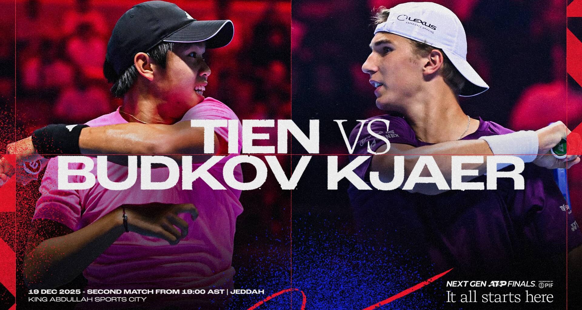 Learner Tien faces Nicolai Budkov Kjaer in the final round-robin match of the 2025 Next Gen ATP Finals.