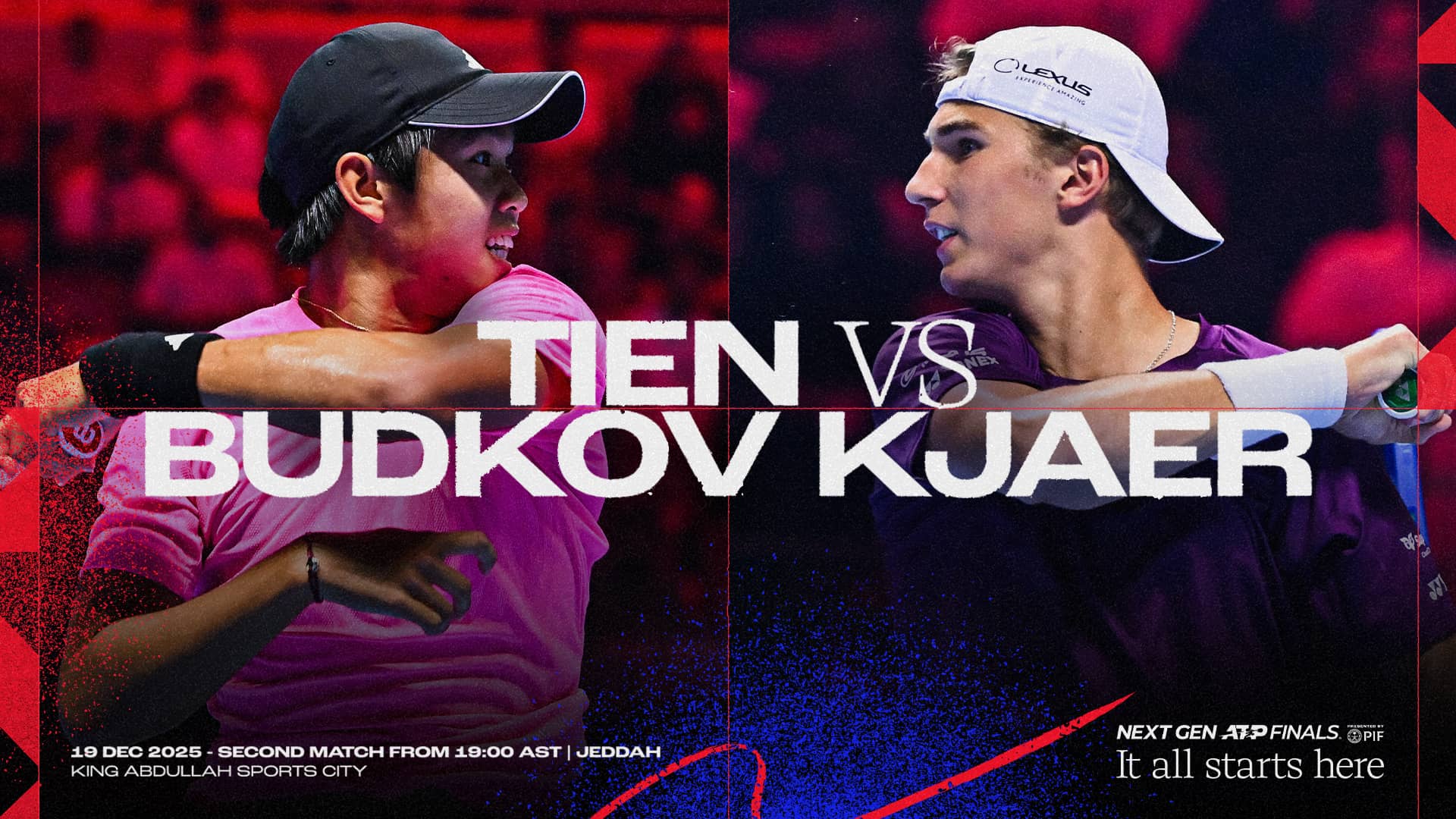 Learner Tien faces Nicolai Budkov Kjaer in the final round-robin match of the 2025 Next Gen ATP Finals. 