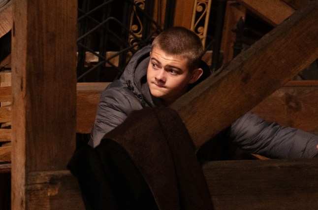 Dylan Penders in the attic trying to help Robbie in Emmerdale.