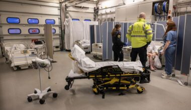 Patients temporarily housed in a parking garage in Fossvogur