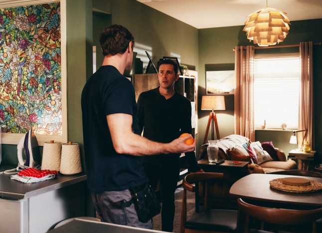Todd and Theo argue in their flat in Corrie