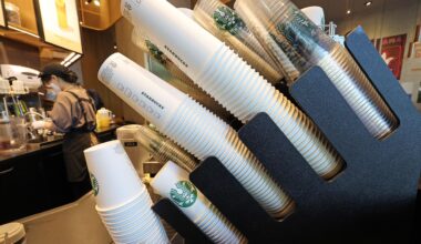 Stacks of disposable takeaway cups are seen at a franchise café in Seoul, Sept. 7, 2023. Yonhap