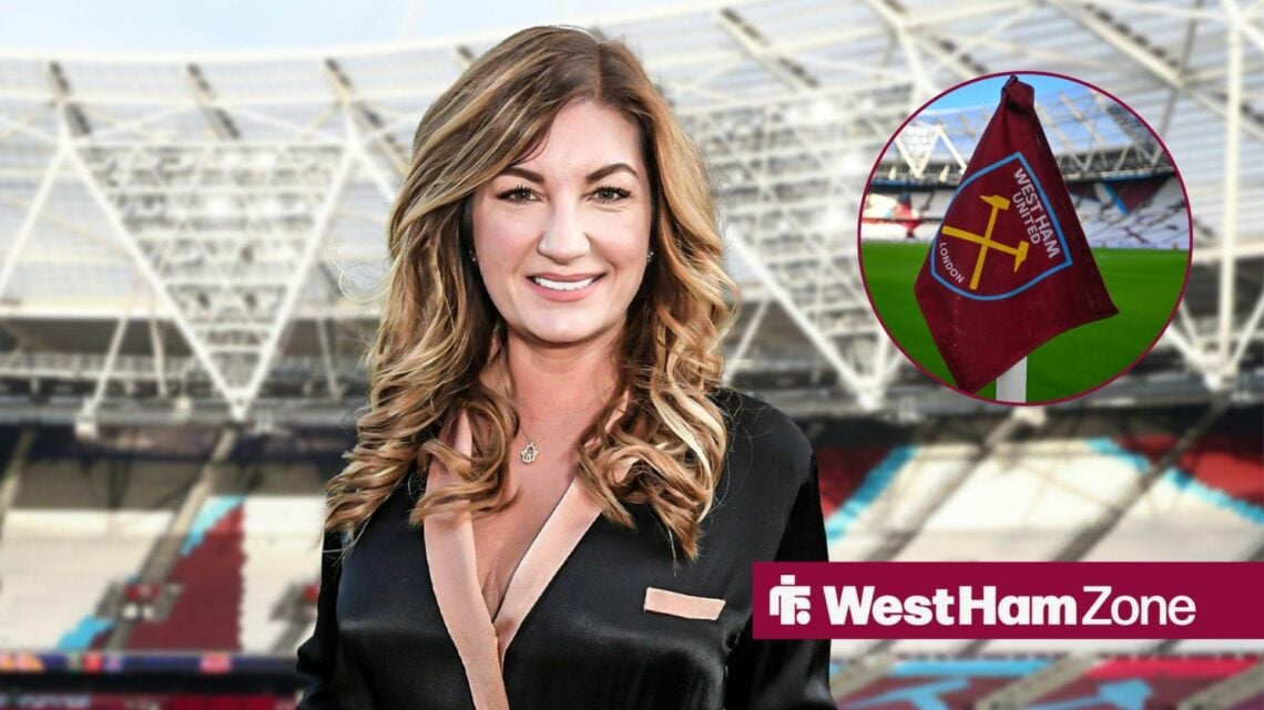 Karren Brady smiling, with a West Ham corner flag in a circular frame inset