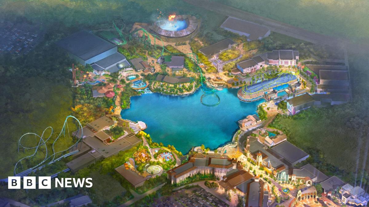 An artist's impression of the new Universal Studios theme park has a large body of water in the middle with various rides and lands around the edge.