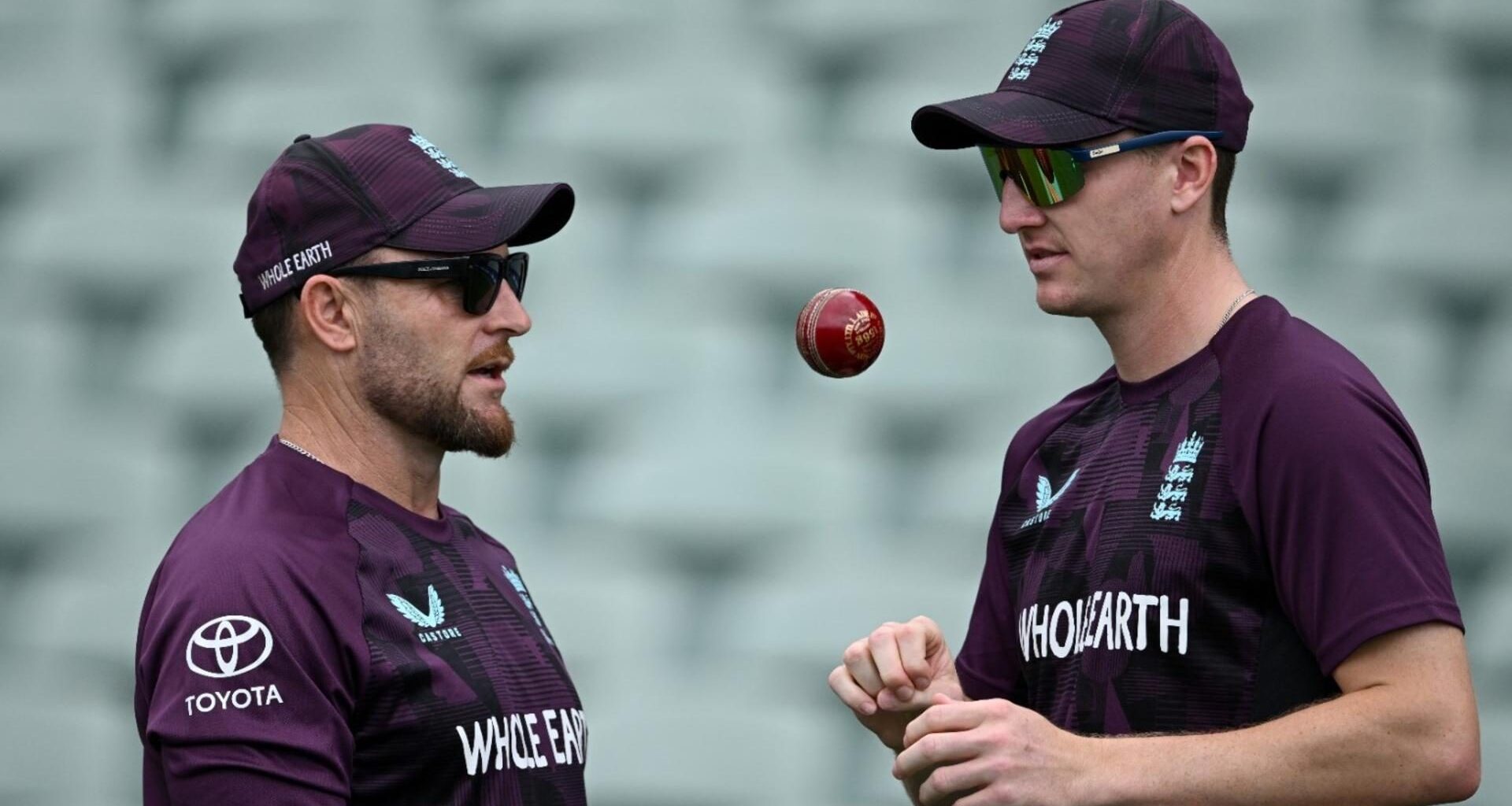 England head coach Brendon McCullum and white-ball captain Harry Brook in conversation during a training session
