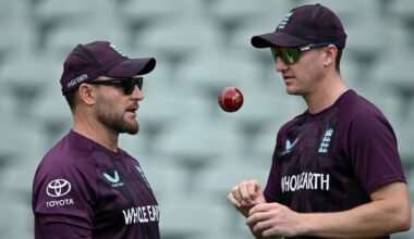 England head coach Brendon McCullum and white-ball captain Harry Brook in conversation during a training session