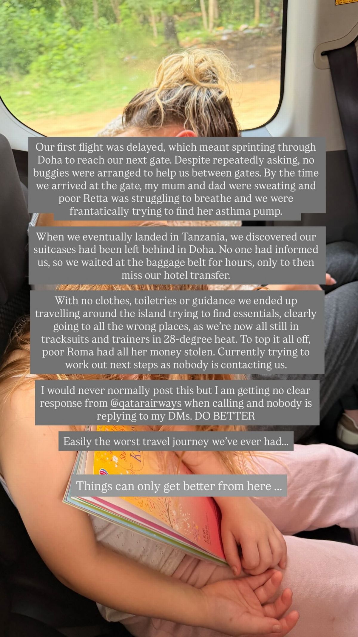 Lydia Bright's holiday hell as luggage is lost and sister has cash stolen