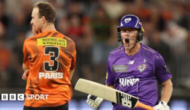 Nathan Ellis of the Hurricanes celebrates the win during the BBL match between Perth Scorchers and Hobart Hurricanes at Optus Stadium