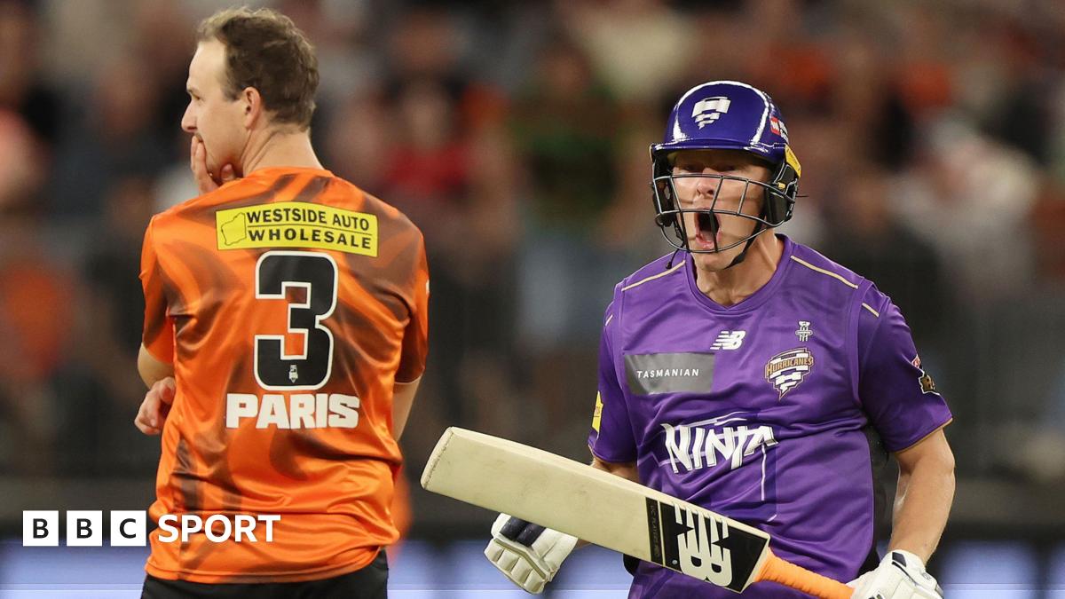 Nathan Ellis of the Hurricanes celebrates the win during the BBL match between Perth Scorchers and Hobart Hurricanes at Optus Stadium