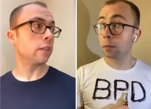 Split screen showing Joe on the left hand side in a navy blue top and the other it's Joe wearing a white T-shirt with BPD on it. He has a vape in his hand.