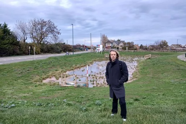 Councillor Dr Tristan Learoyd at the 'noisy' SUDs pond he has labelled a 'swamp'