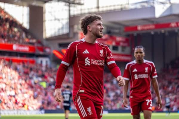 LIVERPOOL, ENGLAND - Monday, August 4, 2025: Liverpool's Harvey Elliott celebrates after scoring his side's fourth goal during a pre-season friendly match between Liverpool FC and Athletic Bilbao at Anfield. Liverpool won 4-1. (Photo by David Rawcliffe/Propaganda)