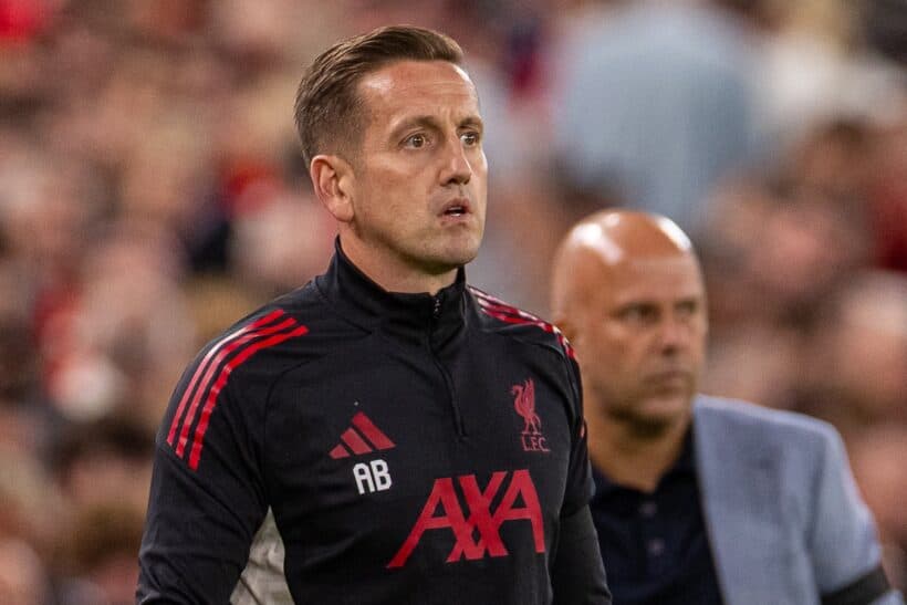 LIVERPOOL, ENGLAND - Friday, August 15, 2025: Liverpool's first team individual development coach Aaron Briggs during the FA Premier League match between Liverpool FC and AFC Bournemouth at Anfield. Liverpool won 4-2. (Photo by David Rawcliffe/Propaganda)