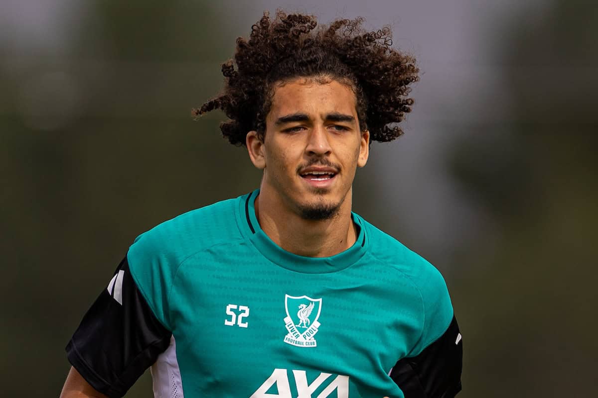 LIVERPOOL, ENGLAND - Tuesday, September 16, 2025: Liverpool's Jayden Danns during a training session at the AXA Training Centre ahead of the UEFA Champions League match between Liverpool FC and Atlético de Madrid. (Photo by David Rawcliffe/Propaganda)