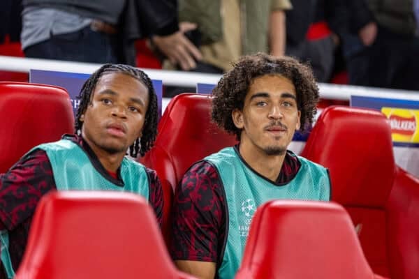 LIVERPOOL, ENGLAND - Wednesday, September 17, 2025: Liverpool substitutes Rio Ngumoha (L) and Jayden Danns on the bench during the UEFA Champions League match between Liverpool FC and Atletico Madrid FC at Anfield. Liverpool won 3-2. (Photo by David Rawcliffe/Propaganda)