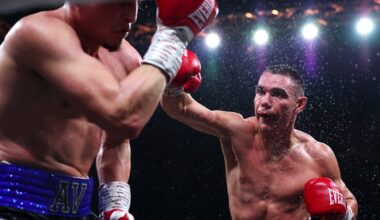 Tim Tszyu lands a right hand on Anthony Velazquez during their junior middleweight fight on December 17, 2025, at the TikTok Entertainment Centre in Sydney, Australia.