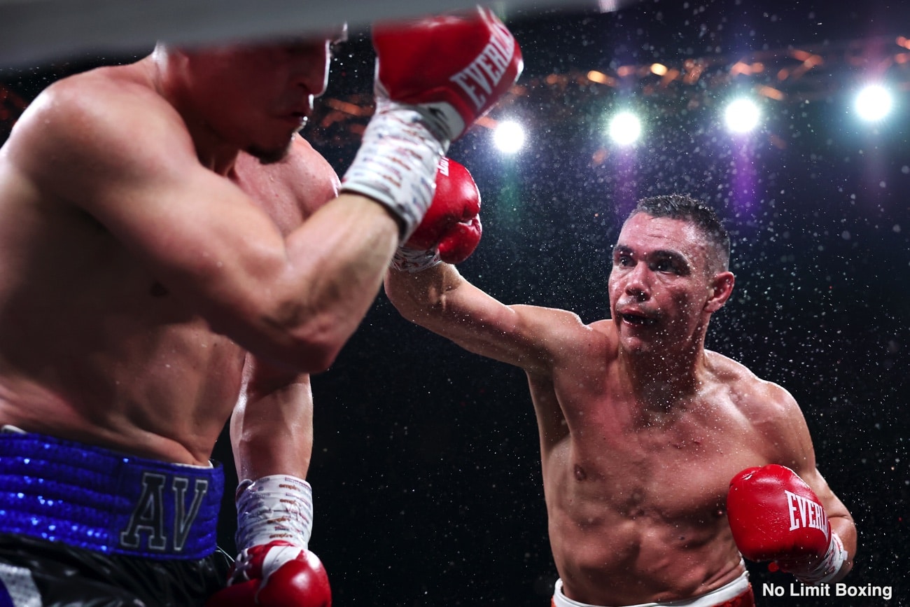Tim Tszyu lands a right hand on Anthony Velazquez during their junior middleweight fight on December 17, 2025, at the TikTok Entertainment Centre in Sydney, Australia.