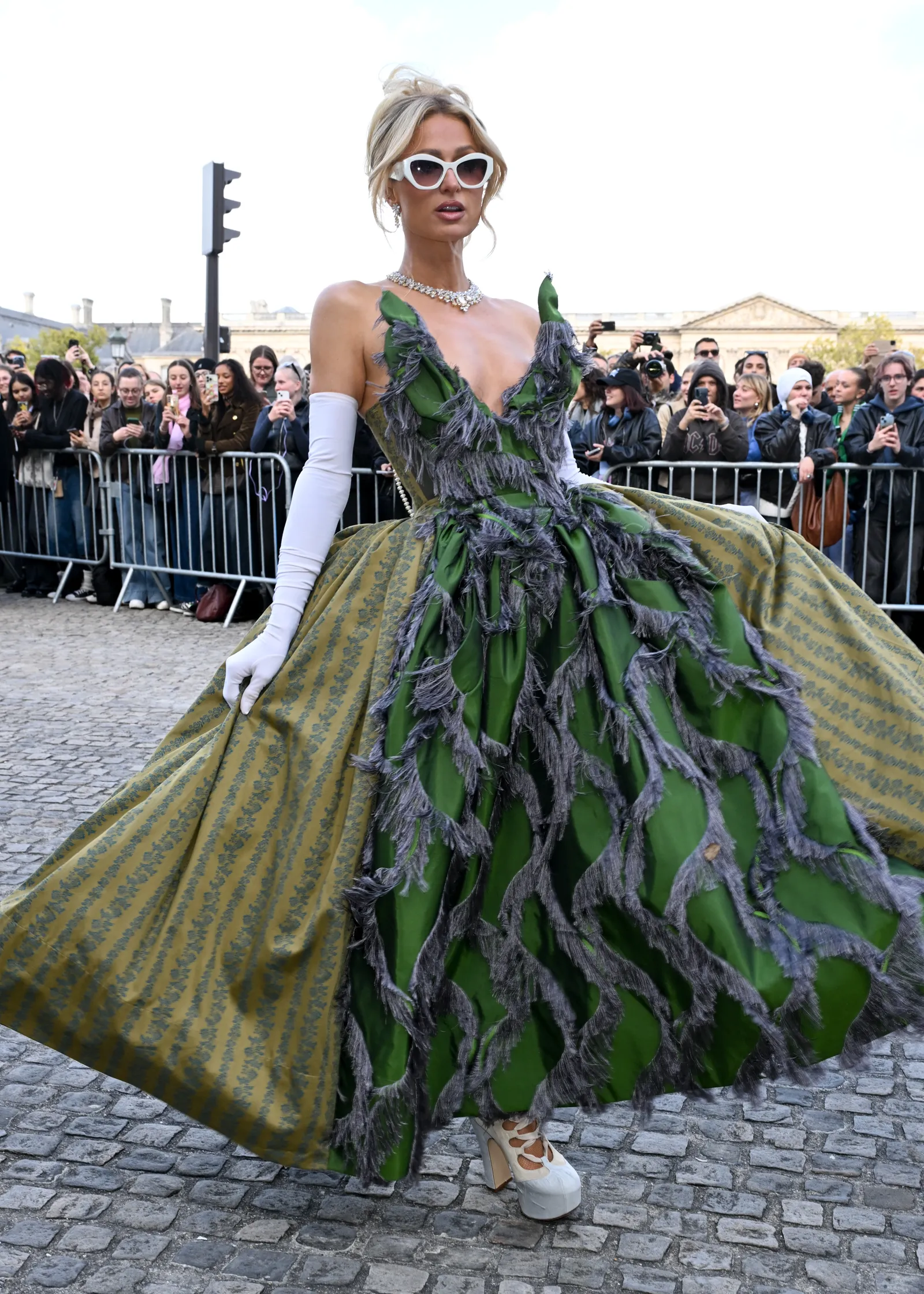 Image may contain Paris Hilton Person Clothing Dress Adult Wedding Glove Costume Accessories Bag and Handbag