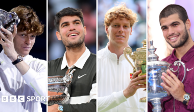 Jannik Sinner won the Australian Open and Wimbledon in 2025, while Carlos Alcaraz claimed the French Open and US Open