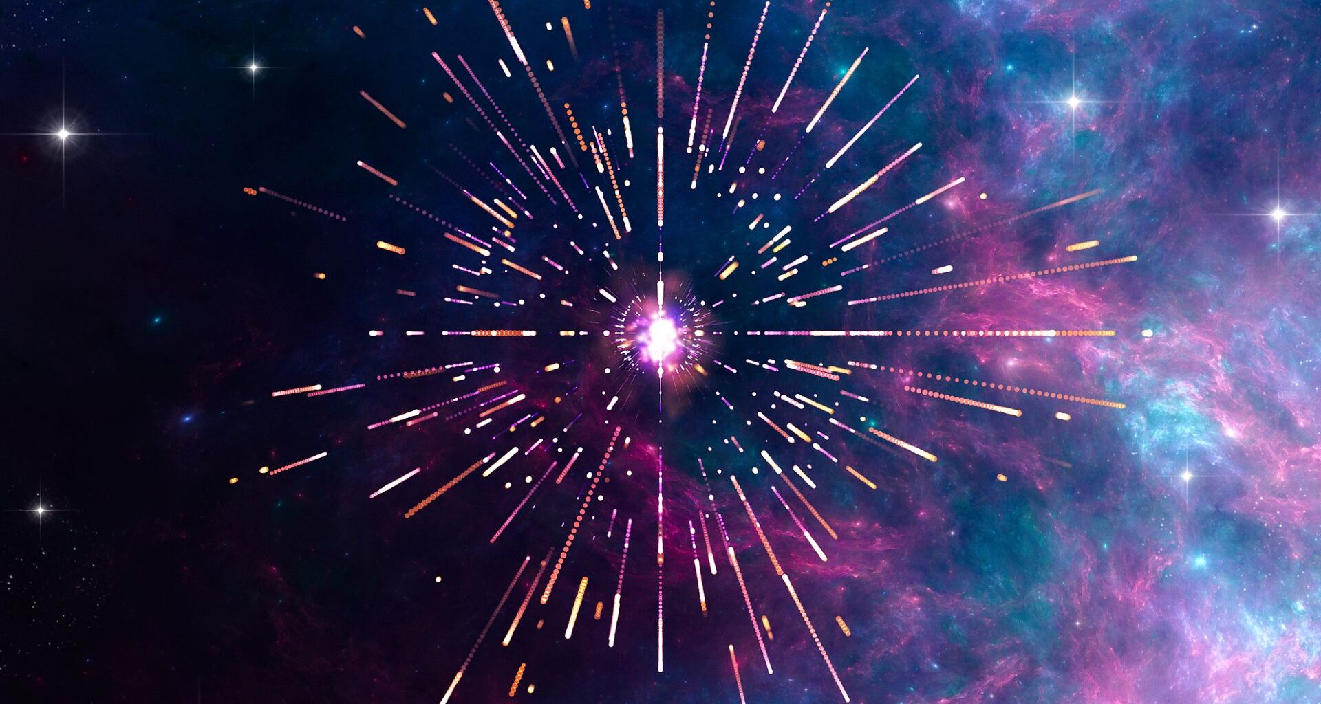 A bright ball of light shoots red and purple and white sparks in front of a galaxy background with stars, purple, and blue colors on it