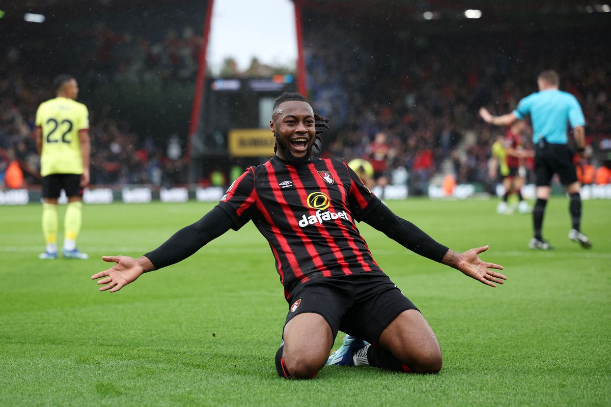 Antoine Semenyo of AFC Bournemouth celebrates after scoring the team's first goal during the Premier League match between AFC Bournemouth and Burnley FC at Vitality Stadium on October 28, 2023 in Bournemouth, England.