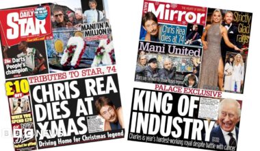 The headline on the front page of the Daily Star reads: "Chris Rea dies at Xmas."