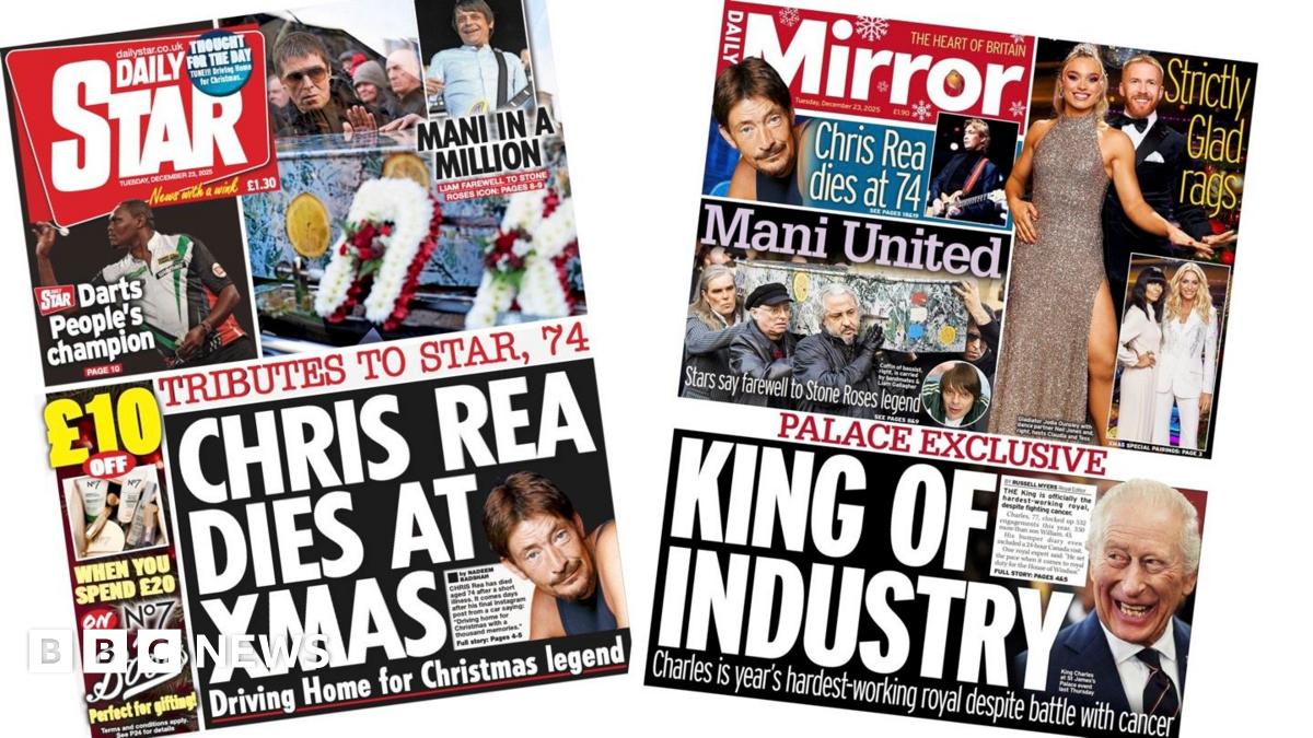 The headline on the front page of the Daily Star reads: "Chris Rea dies at Xmas."