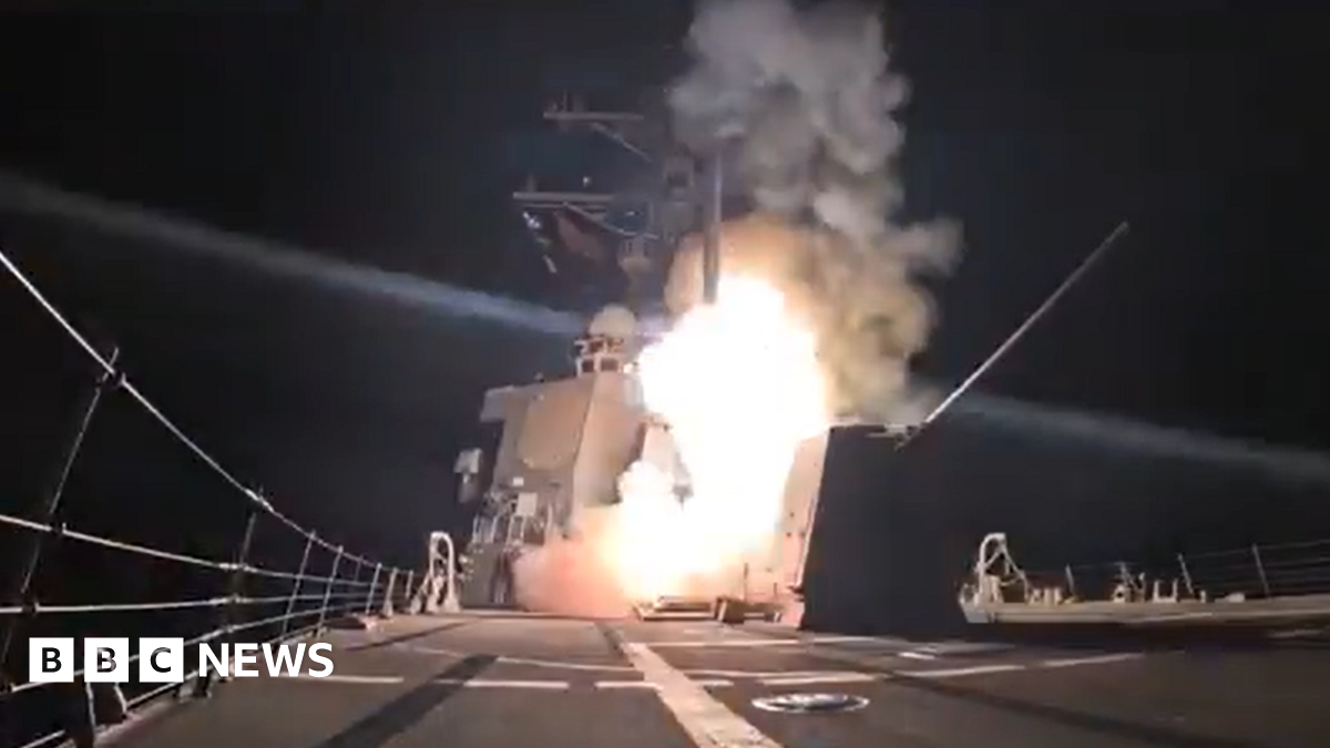 A screenshot from a video released by the US defence department that appears to be showing a missile being launched from a military vessel