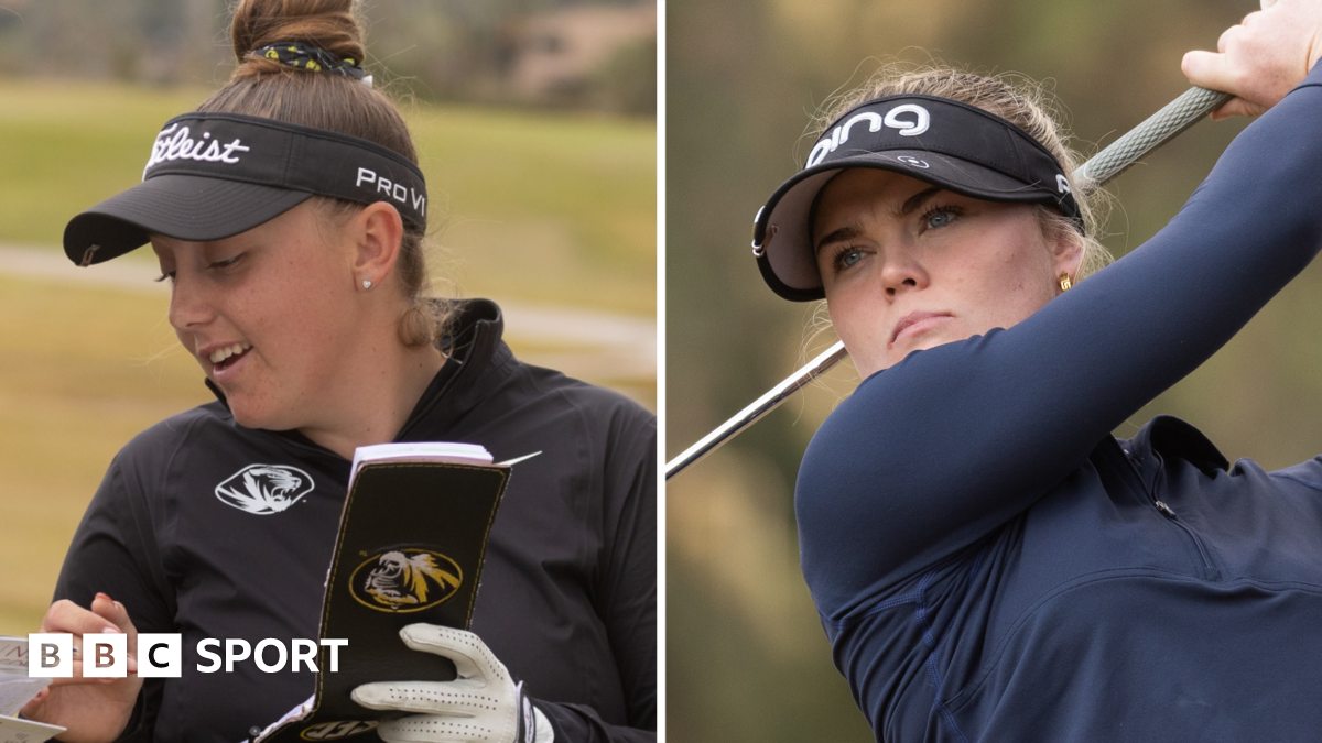 Ffion Tynan (left) signs her card and Luca Thompson (right) completes her swing