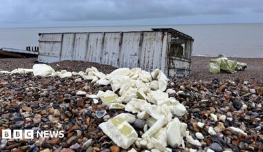 Debris from the containers strewn across the pebble beach in Selsey. It all appears to be packaged up.