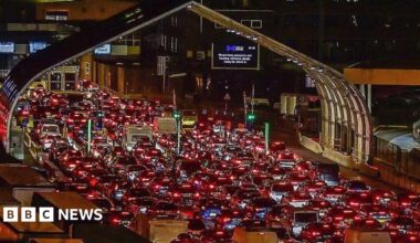 Large queues of cars at night at the port of dover