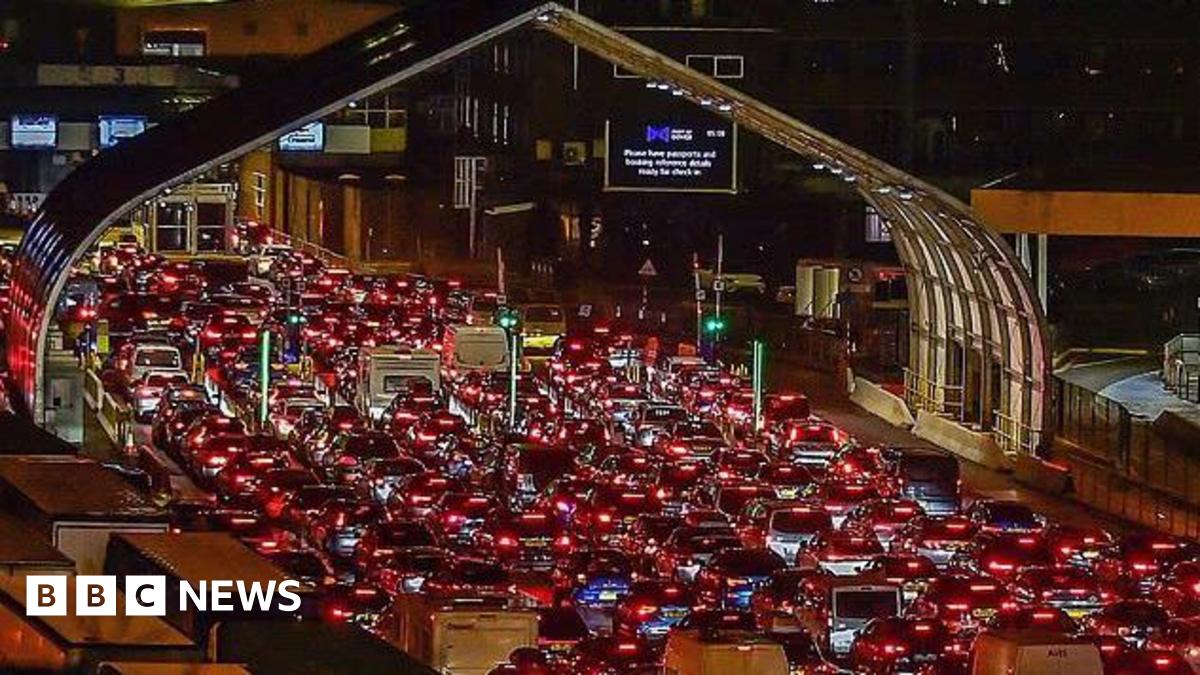 Large queues of cars at night at the port of dover