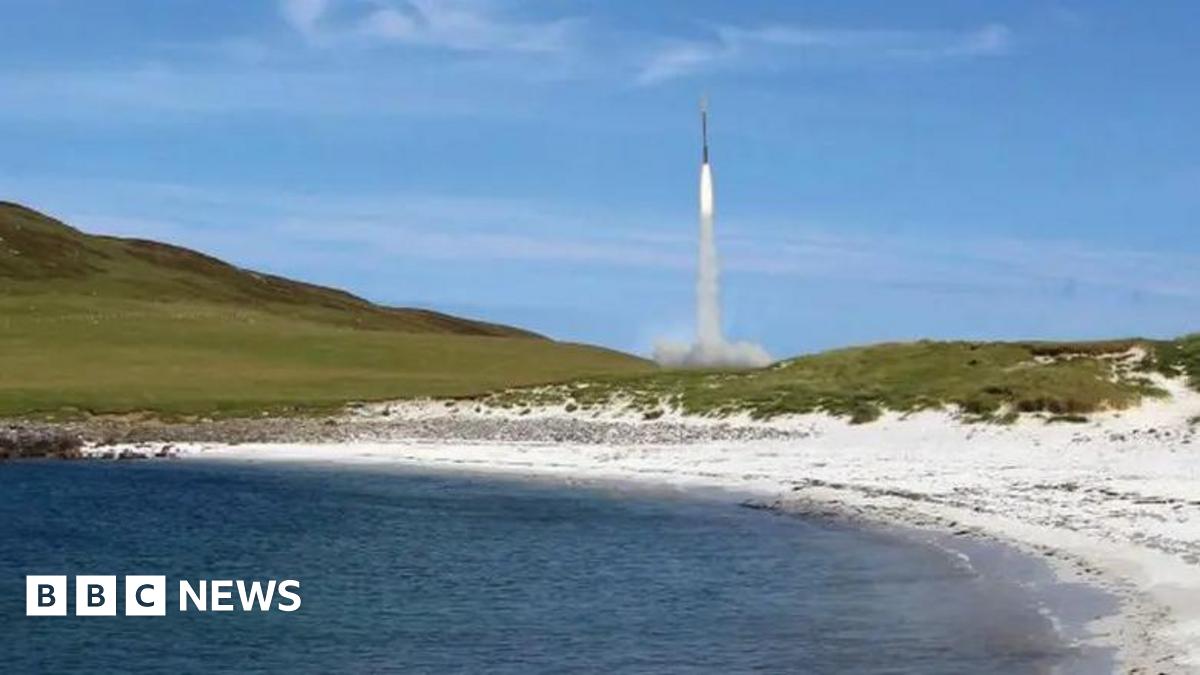 A visualisation showing a rocket launching from near a beach of white sand in the Western Isles.